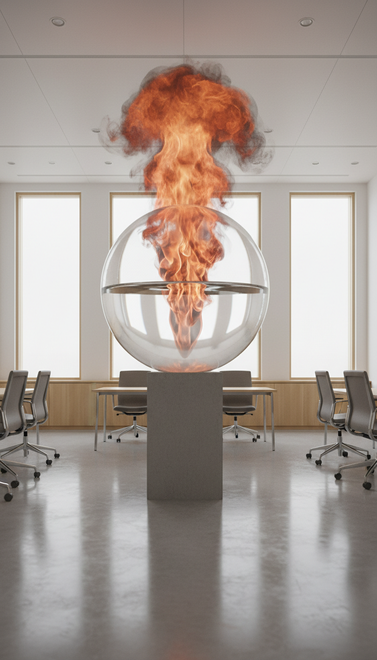 A large, pristine glass globe filled halfway with crystal-clear water at the bottom and swirling, fiery orange and red smoke at the top, the transition between water and fire seamless yet perfectly distinct. The sphere rests atop a minimalist concrete pedestal in the center of a sleek, neutral-toned conference room with clean lines and pale wood accents. Diffused overcast light streams through lofty windows, highlighting the globe’s glossy surface and casting soft reflections on the polished floor. The mood is contemplative and professional, evoking balance between elements and the urgency of climate themes. Photographed at eye-level with centered composition, sharp focus throughout, and a corporate, photographic realism style suitable for an educational site about climate literacy.