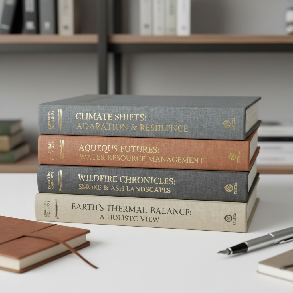 A close-up of a carefully arranged stack of aged, hardcover books, each with subtly embossed titles relating to climate change, water, and wildfire. The books’ covers feature muted earth and slate-gray tones with slight wear on the textured spines, hinting at frequent scholarly use. Background elements include a matte steel bookshelf and an uncluttered workspace with smooth white surfaces. Soft studio lighting from above casts gentle, even illumination, emphasizing texture detail. Captured from a slightly elevated angle with balanced composition and neutral color palette, the atmosphere is academic, precise, and inviting, reinforcing the site’s focus on professionalism and climate-related literature analysis.